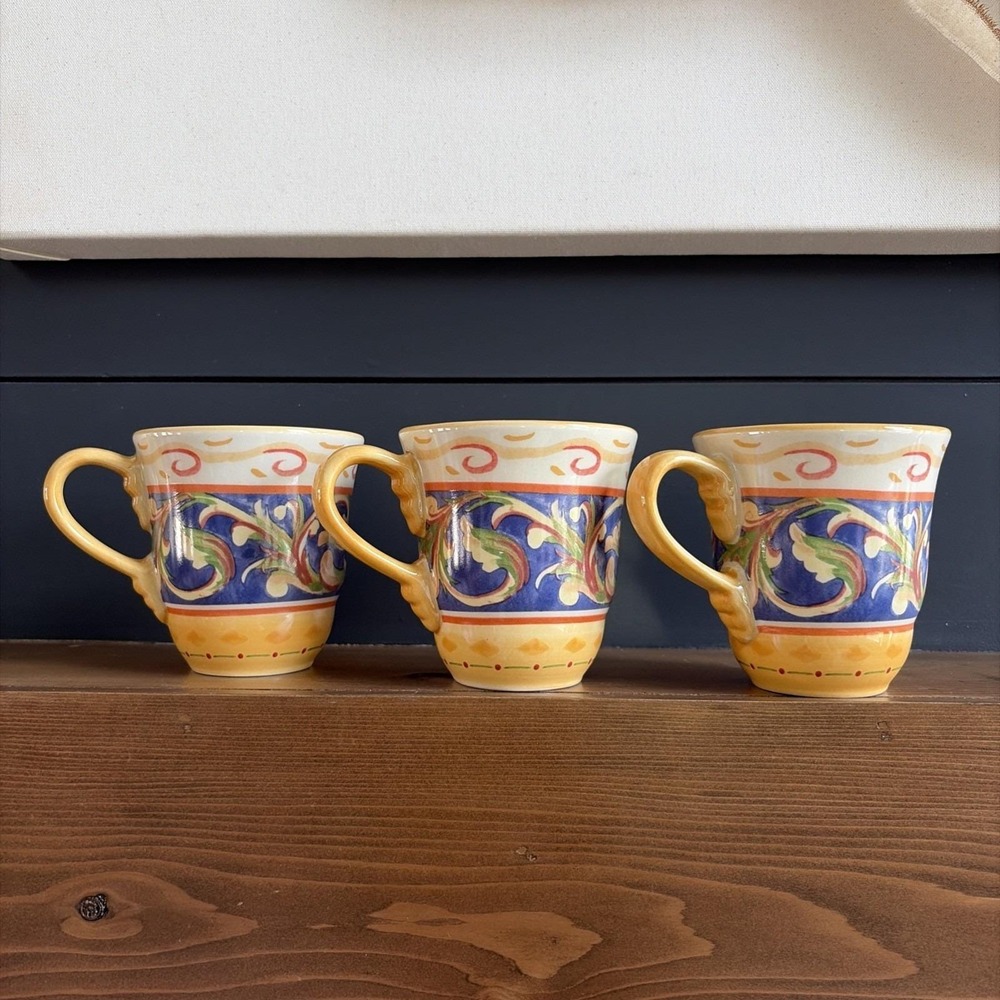 Pfaltzgraff Villa Della LunaCoffee Mug Blue‎ Yellow Mediterranean, Lot Of 3
